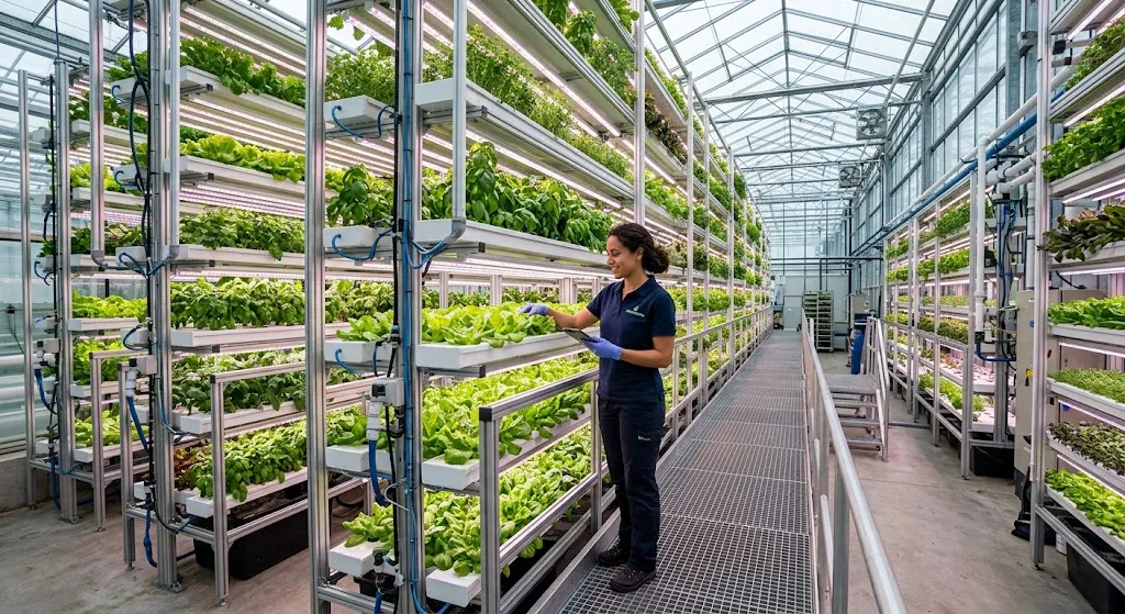 A grower checking leafy greens on vertical racks inside a glass greenhouse.
