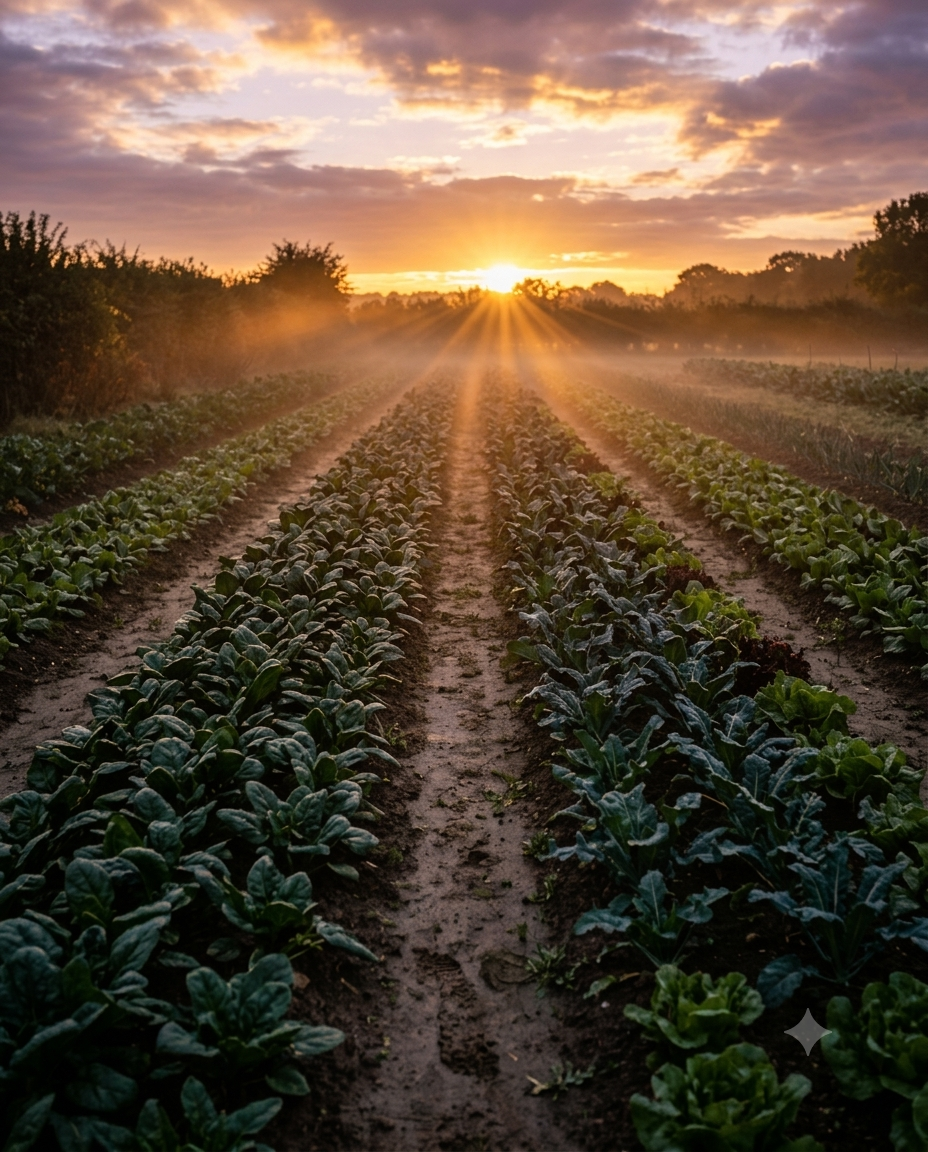 Rows of leafy greens under ground mist before sunrise.