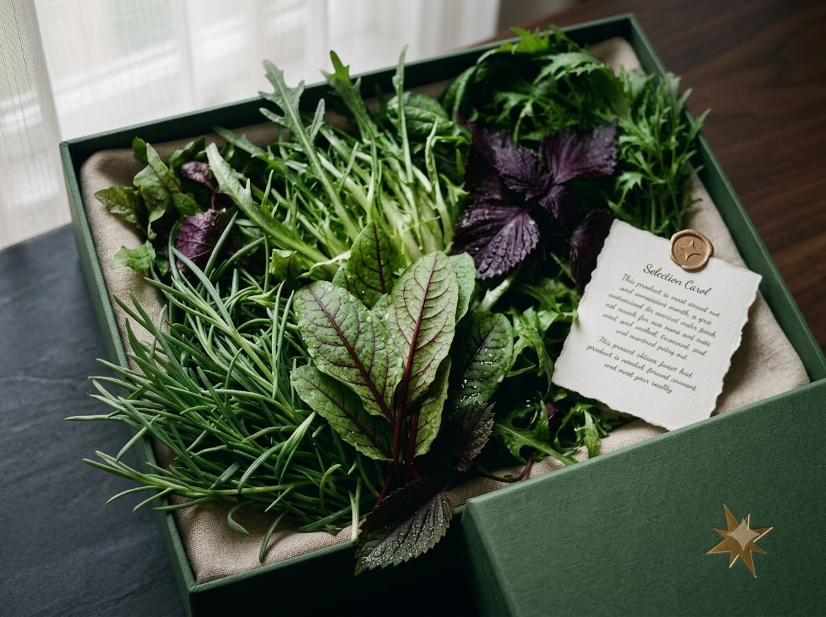 An opened box of freshly picked greens, seen from above.