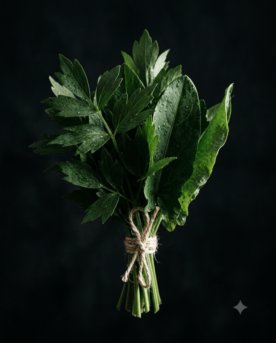 A tied bunch of lovage and sorrel, rim-lit against the dark.
